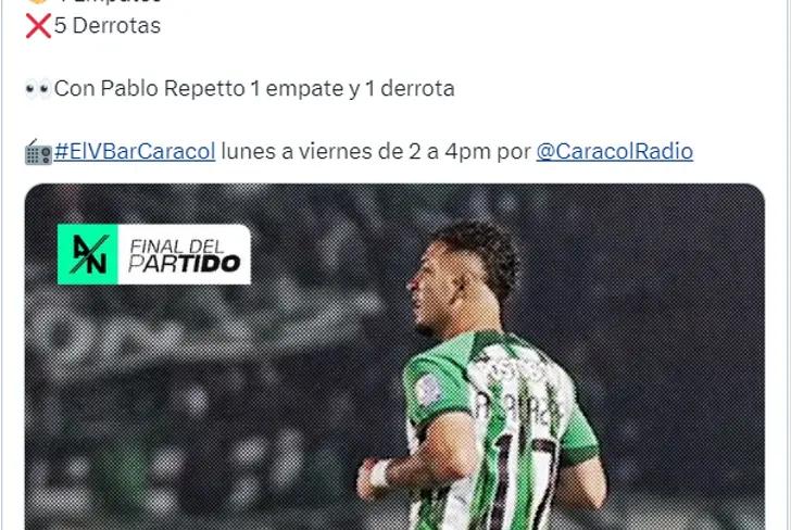 El presente de Atlético Nacional en números Foto: Captura de X, el Vbar Caracol&nbsp;