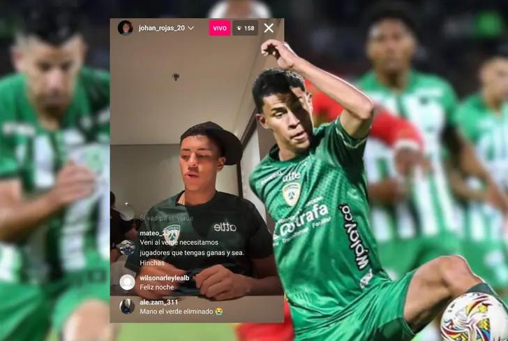 El live de Instagram de Johan Rojas al finalizar el encuentro de Atlético Nacional Foto: Captura de Instagram @johan_rojas_20 y Futbolete