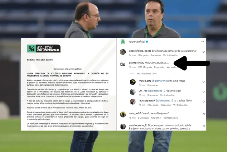 La reacción de Gio Moreno a la salida de Mauricio Navarro en Atlético Nacional Foto: Futbolred y captura de Instagram Atlético Nacional&nbsp;