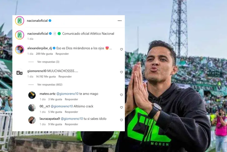 La avalancha de mensajes a Gio Moreno en las redes sociales de Atlético Nacional Foto: Captura de Instagram Nacionaloficial