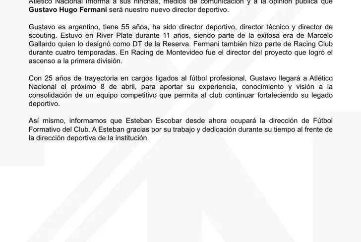 El comunicado de Atlético Nacional informando la llegada de Fermani al club. Foto: Atlético Nacional