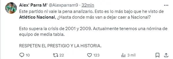 La reacción de los hinchas de Atlético Nacional tras la derrota de hoy Foto: Captura de X