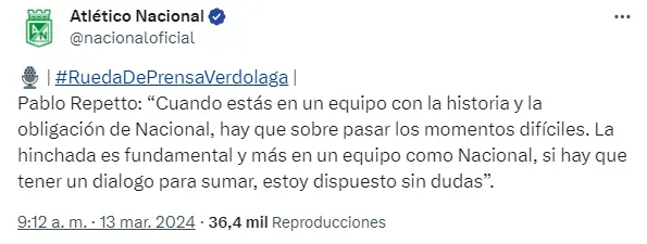 Las palabras de Pablo Repetto buscando acercarse a la hinchada con un mensaje de paz. Foto: Captura de pantalla X @nacionaloficial