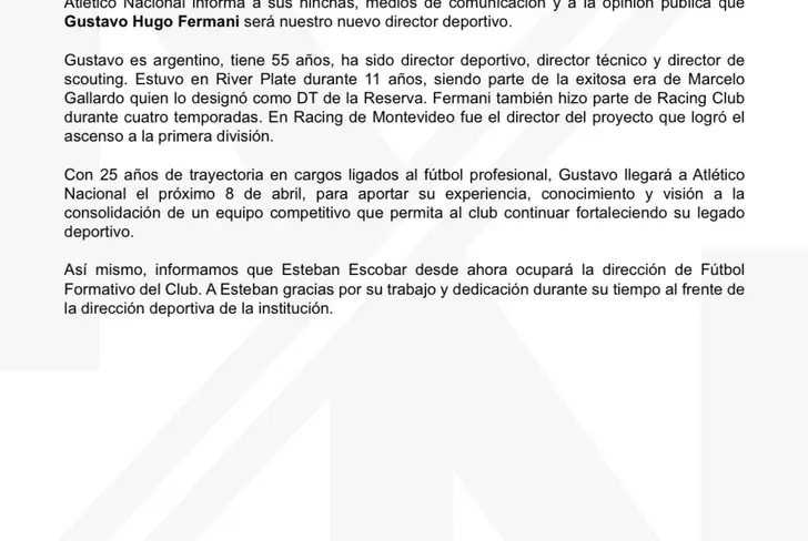 El comunicado de Atlético Nacional informando la llegada de Fermani al club. Foto: Atlético Nacional