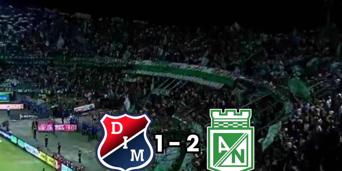 La hinchada de Atlético Nacional celebrando el 2 a 1 ante Medellín Foto: Escudoteca y Captura de pantalla Win Sports