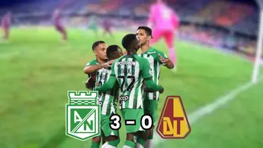 Los jugadores de Atlético Nacional celebrando el tercer gol de la noche Foto: Nacionaloficial y Captura de Win Sports