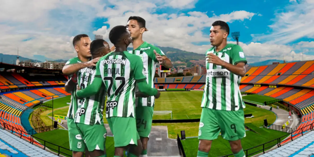 Los jugadores de Atlético Nacional y de fondo el Estadio Atanasio Girardot de Medellín