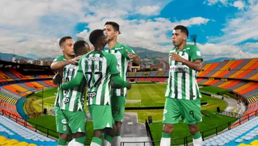 Los jugadores de Atlético Nacional y de fondo el Estadio Atanasio Girardot de Medellín